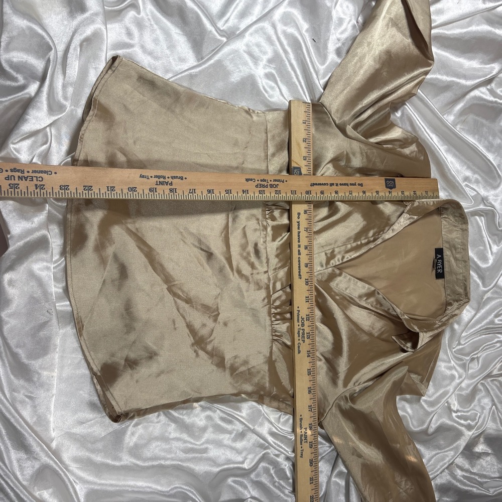 y2k A. Byer Satin Blouse Gold Excellent Wrap V-Neck Long Sleeve Peplum Top - Picture 6 of 6